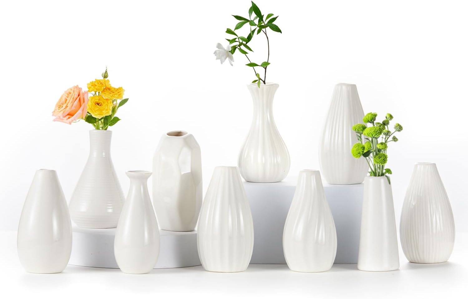 Mini Ceramic Vase Set of 10 - Small Bud Vases, 4 inch Modern Home Decor Vases in Bulk White Ceramic Flower Bud Vases for Centerpieces, Entryway, Living Room and Table