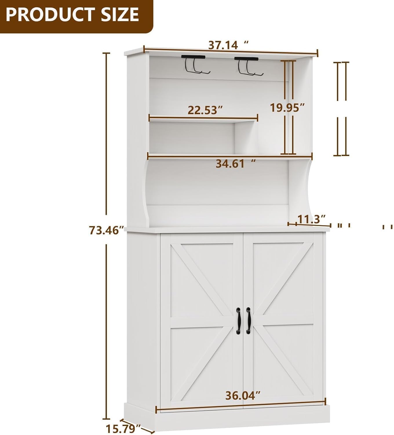 4 EVER WINNER Farmhouse Coffee Bar Cabinet with Hutch & Wine Rack, 73.5” Kitchen Buffet Storage Cabinet with Barn Doors, Adjustable Shelf, Tall Coffee Bar Buffet Cabinet for Dining Room, White