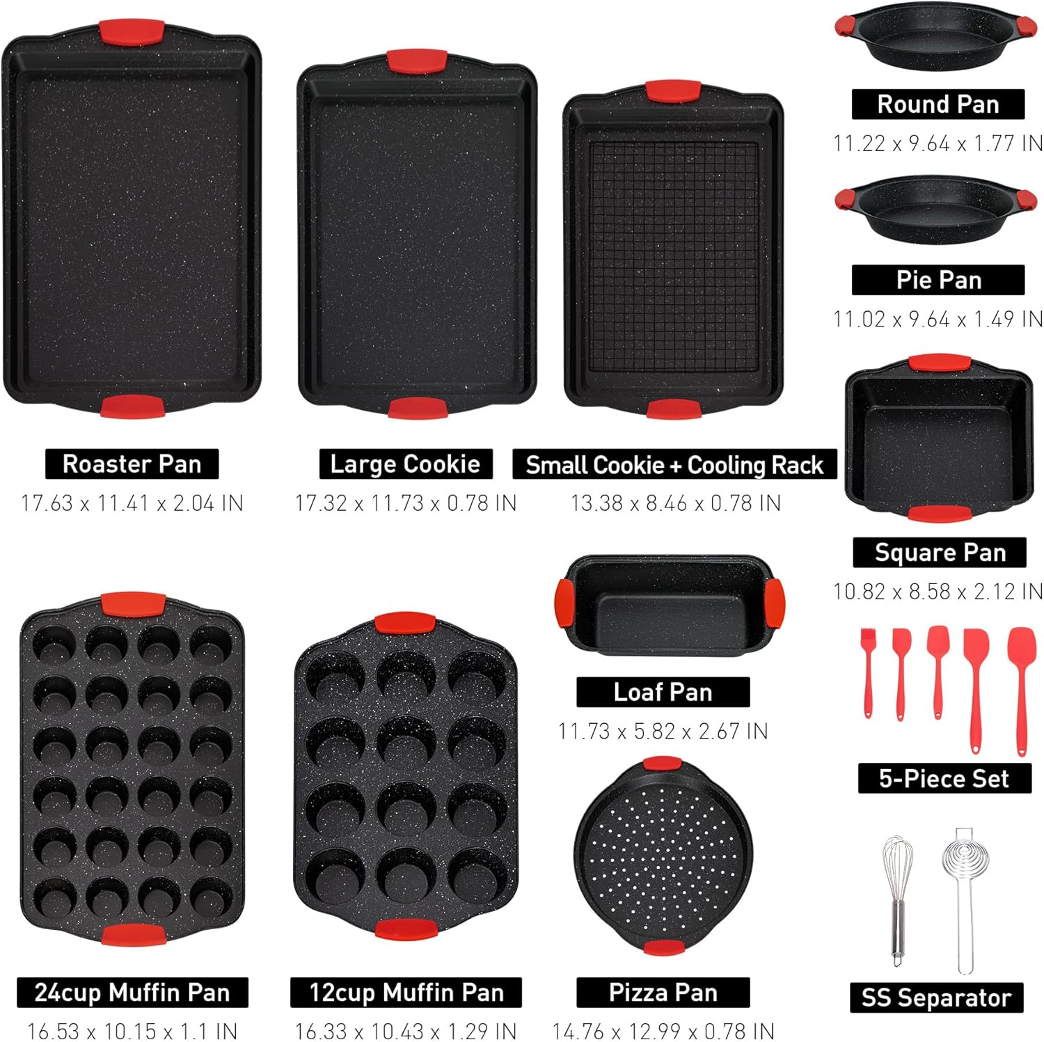 MAISON ARTS 18-Piece Nonstick Carbon Steel Baking Pans Set, Black Stackable Bakeware Sets for Cooking, 500°F Oven Safe, Cookie Sheets, Loaf, Muffin, Pizza, Pie, Round/Square Pans with Silicone Grips