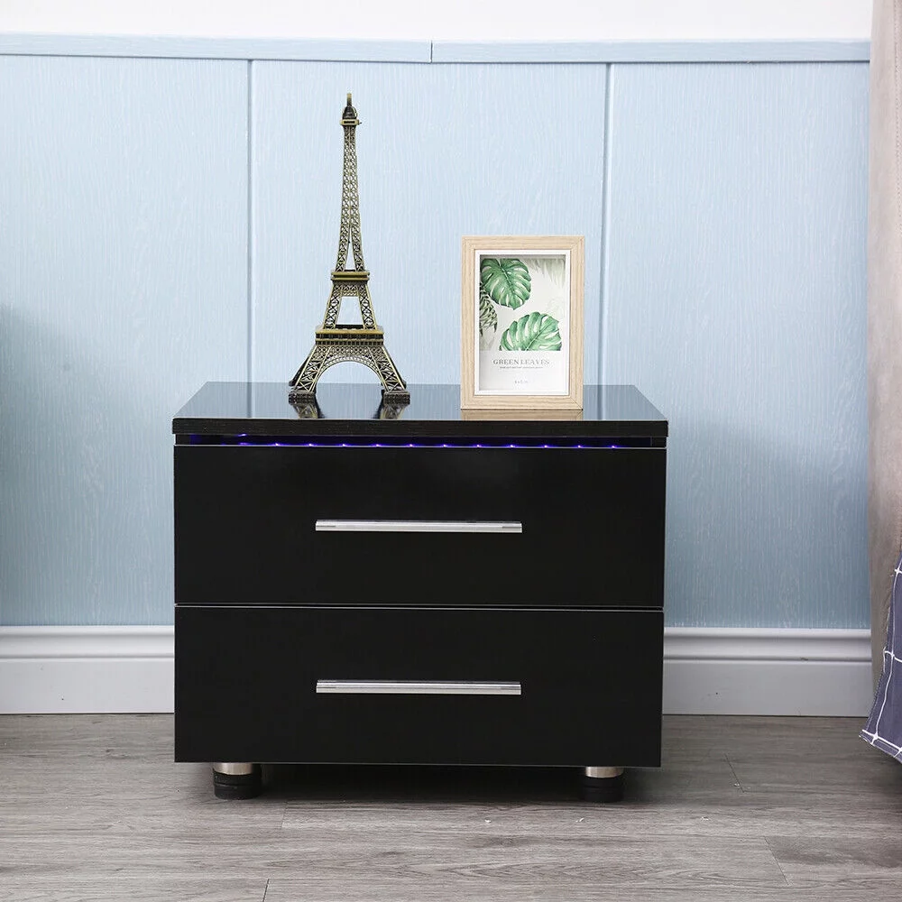 Modern High Gloss Nightstand 2 Drawers Bedside End Table Bedroom w/RGB LED Light