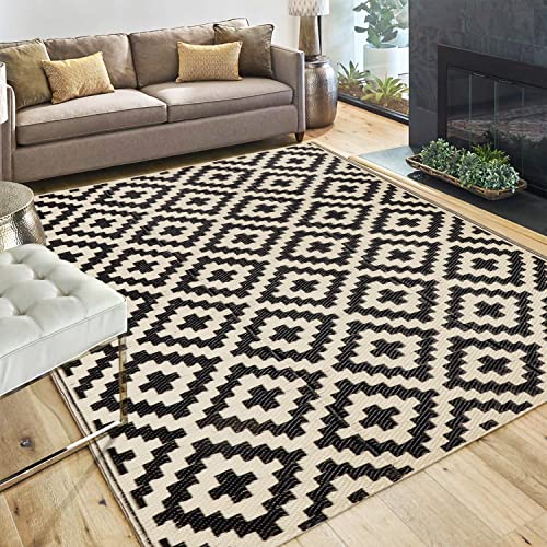 SAND MINE Waterproof Outdoor Rug 5x8 ft, Plastic Reversible Rug, Modern Area Rug, Large Floor Mat for Outdoors, RV, Patio, Backyard, Deck, Picnic, Beach, Camping, Black & Beige