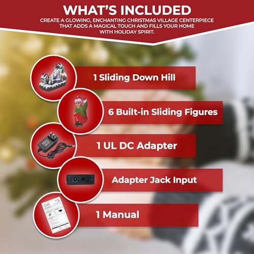 Christmas Village Sledding Down Hill - Lighted Musical Snow Village with 8 Animated Kids Going Down The Mountain