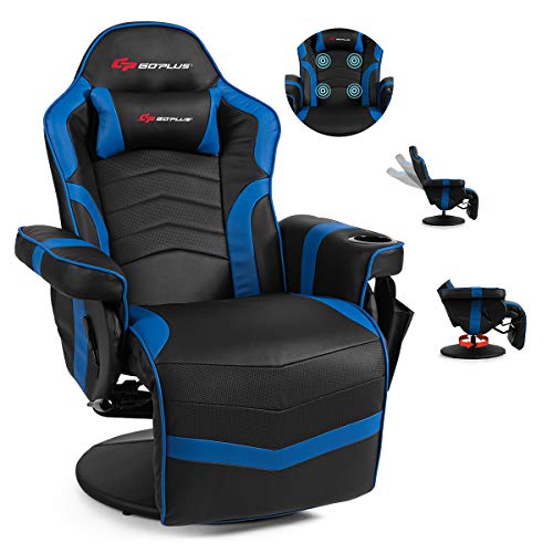 POWERSTONE Gaming Recliner Massage Gaming Chair with Footrest Ergonomic PU Leather Single Sofa with Cup Holder Headrest and Side Pouch, Adjustable Living Room Chair Seating, Black