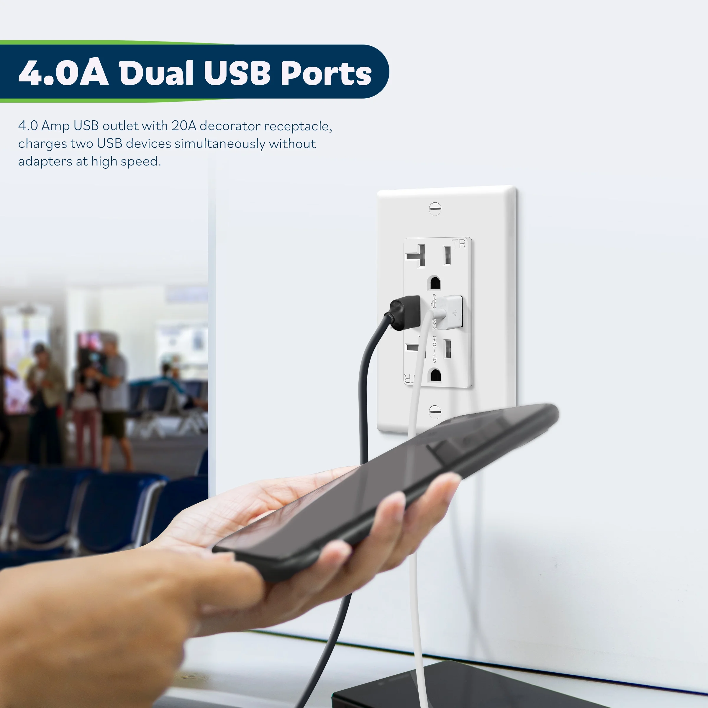 TOPGREENER 4A High Speed USB Wall Outlet Charger, 20Amp Tamper-Resistant Receptacle Plug, Charging Power Outlet with USB Ports, Electrical USB Socket, UL Listed, TU2204A-6PCS, White, 6 Pack