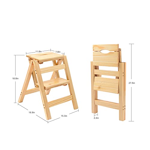 Step Stool Foldable, Folding Wooden Step Ladder, Multi-Use As Counter Chair/Kitchen Cabinet Stool Ladder/Closet Stool etc. Scientific Stable Structure, Helpful Step Stool for Home (2Step-Nature)