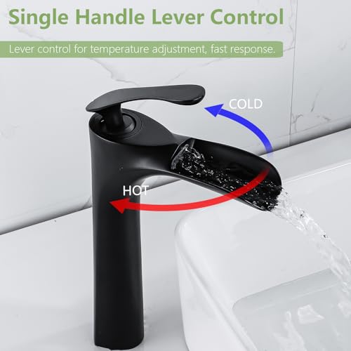 Bathroom Vessel Sink Faucet, Waterfall Oil Rubbed Bronze Bathroom Faucet, Vessel Faucet, Tall Body 1 Hole Single Handle with Pop Up Drain Combo Vanity Mixer Tap Basin Bowl Sink