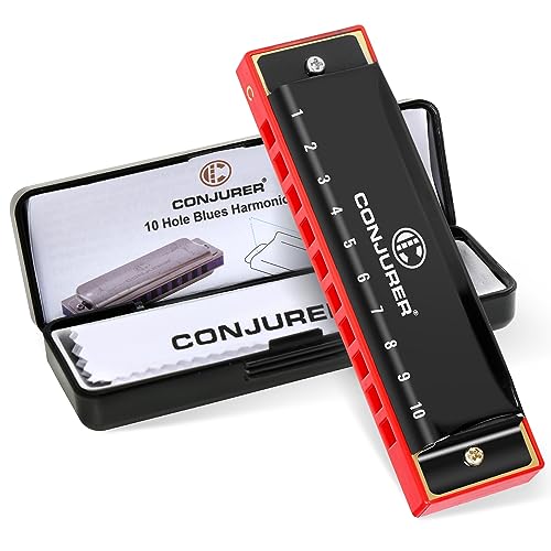 CONJURER Blues Harmonica for Kids Adult Beginners 10 Hole Diatonic Harmonica Key of C, Brass Reed Metal Mouth Organ C Key Blues Harp with Case, Blue