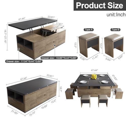 Multifunctional Lift-Top Coffee Table with 4 Stools, 3-in-1 Center Table, Space Saving Folding Dining Table,Lifting Coffee Table for Living Room, Small Space,Grey