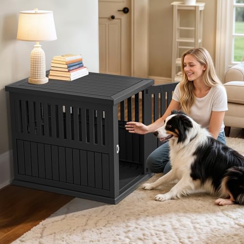 YITAHOME Plastic Dog Crate, Furniture-Style Nightstand & Side Table, Waterproof Indoor Kennel for Small to Medium Dogs, Black