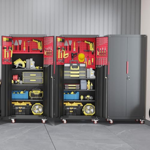 Rolling Garage Cabinets, Garage Storage Cabinet with Wheels and Workbench, Metal Cabinet with Doors and Shelf, Lockable Metal Storage Cabinets, for Home,Garages, Repair Stores, Warehouses
