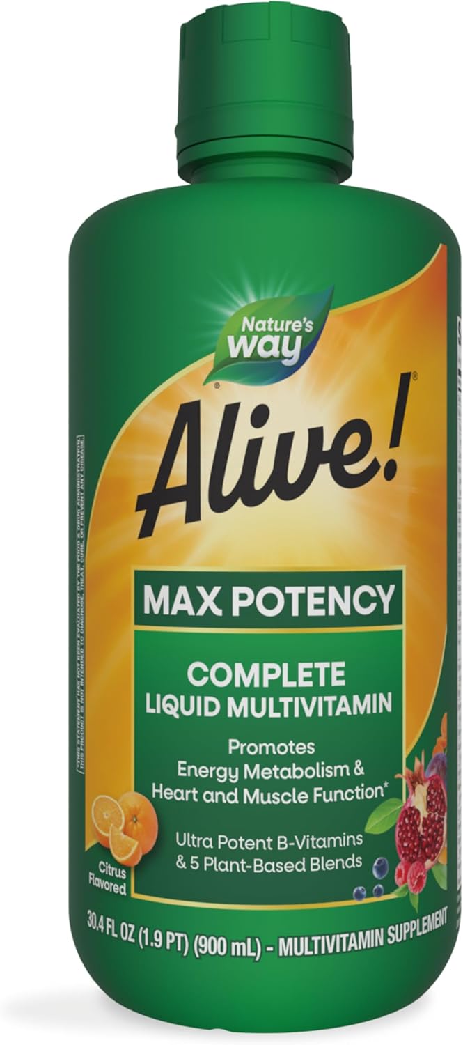 Nature's Way Alive! Max Potency Complete Liquid Multivitamin for Women and Men, Antioxidants Beta Carotene, Vitamins C & E, and Food-Based Blends, Citrus Flavored, 30.4 Fl Oz (Packaging May Vary)