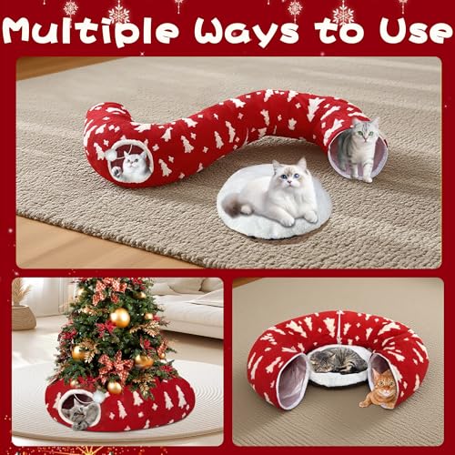 LUCKITTY Christmas Snowflake Print Cat Tunnel Under Tree, Velvet-Touch Jacquard Fabric with Hanging Plush Ball, 10-Inch Diameter 3-Ft Wide Round Pet Tube - Plush & Festive Cat Diversion Red