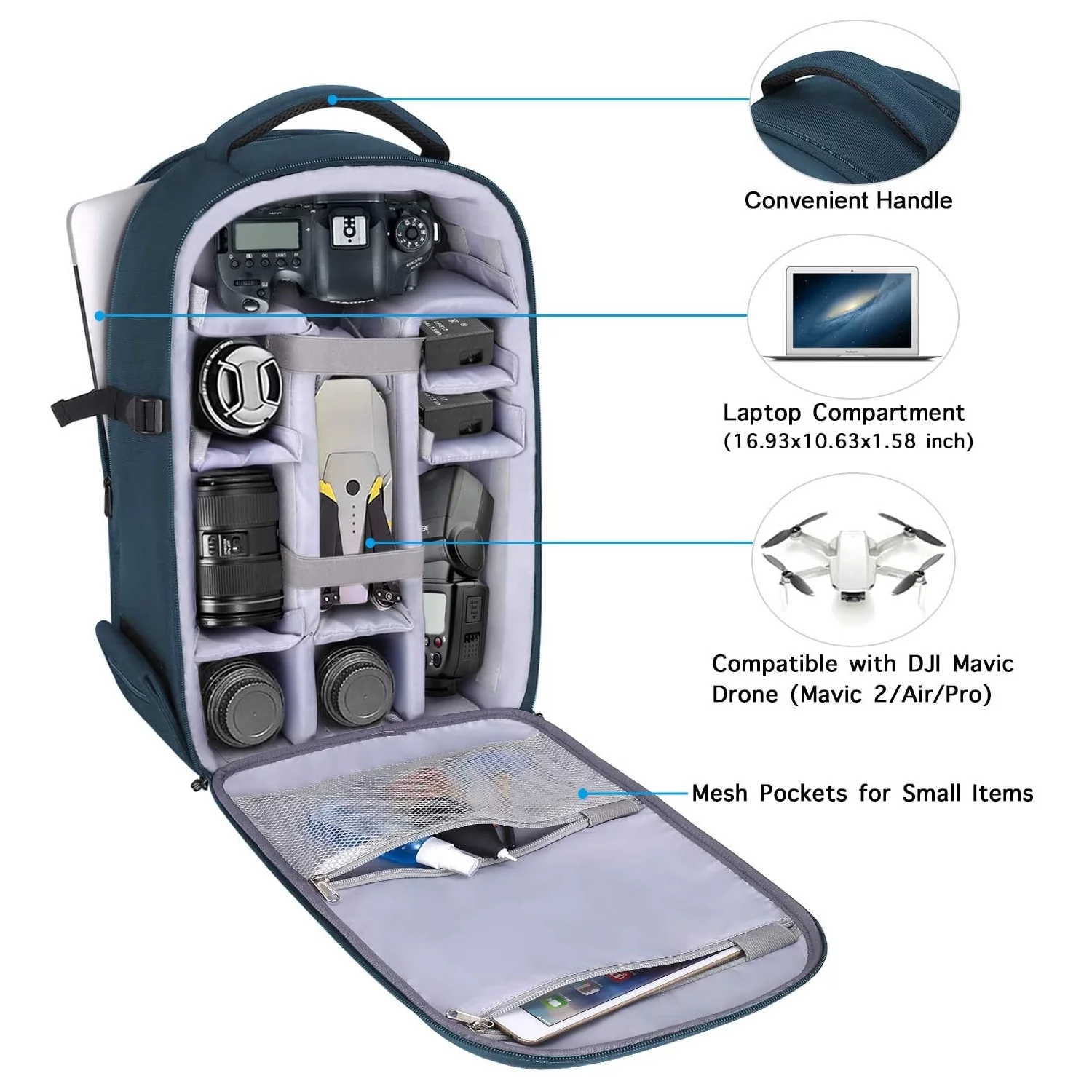 Mosiso Camera Backpack for Canon/Nikon/Sony/DJI Mavic Drone, DSLR/SLR/Mirrorless Photography Camera Bag Waterproof Hardshell Protective Case with Tripod Holder&Laptop Compartment, Deep Teal