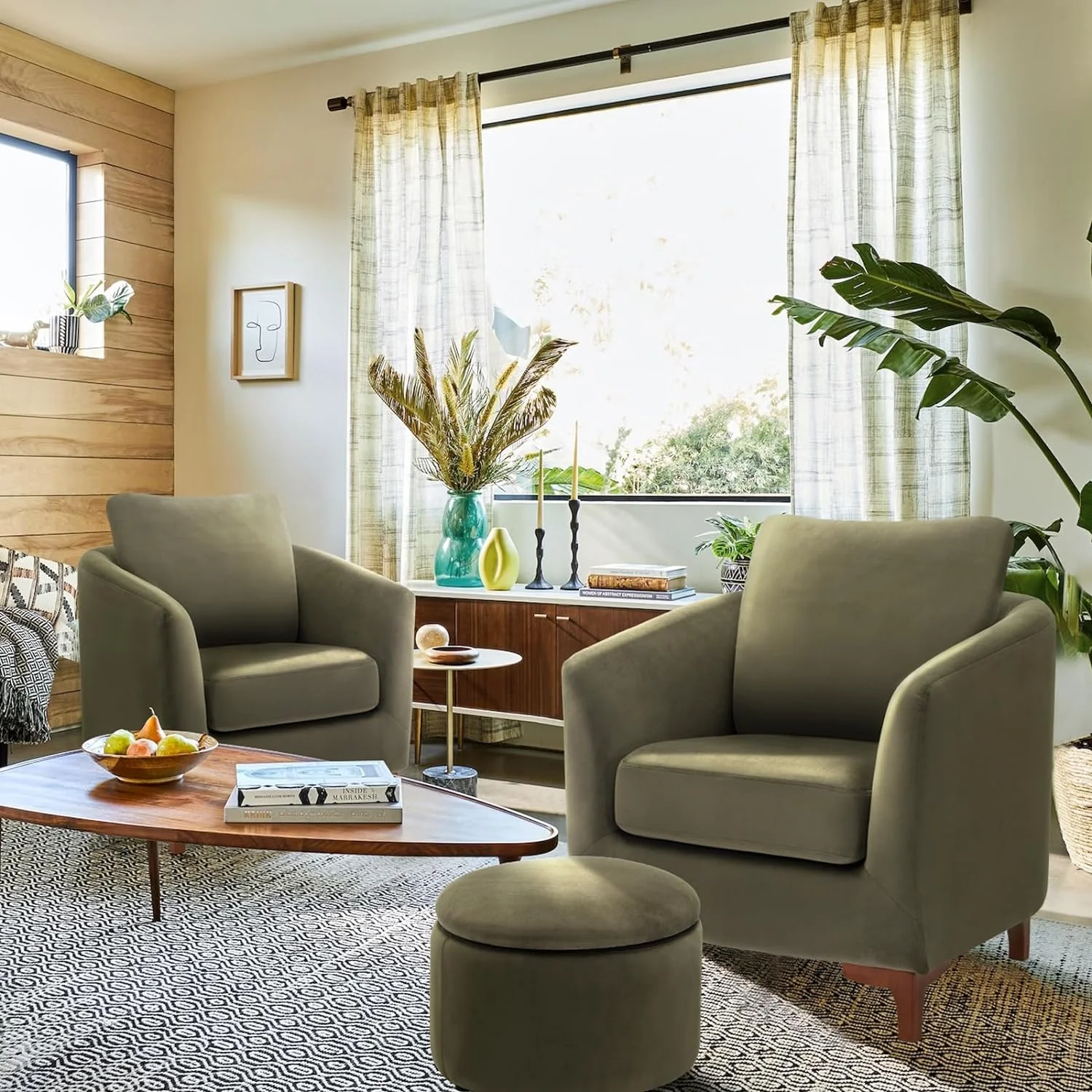 YGDU Sherpa Accent Chair with Storage Ottoman Set, Upholstered Barrel Club Arm Chair with Footrest, Modern Living Room Chair with Back Pillow and Wooden Legs for Bedroom, Corner, Reading Nook, Cream