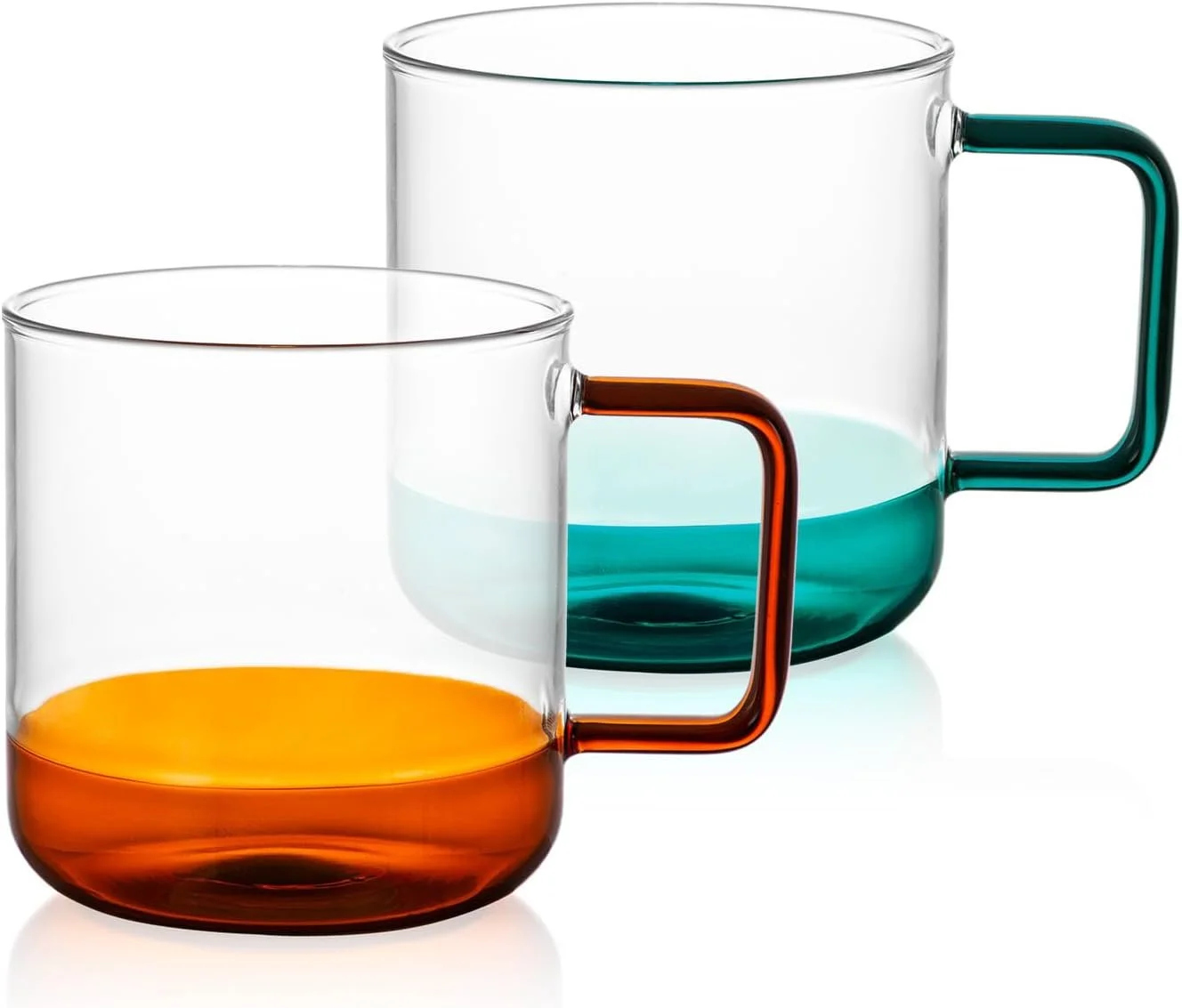 Bacimi Clear Espresso Cups with Colorful Handles - Set of 2 / 12oz - Borosilicate Glass Mugs for Cappuccino, Tea, Latte, Coffee & Hot Beverage - Drinking Cups - Microwave Safe