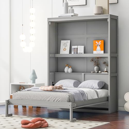 Queen Size Murphy Bed Wall Beds with Storage Shelves,Hide Away Bed Frame Easily Folds into Wood Cabinet,W/Mattress Holder,for Small Space,Guest Room,Apartment,Gray