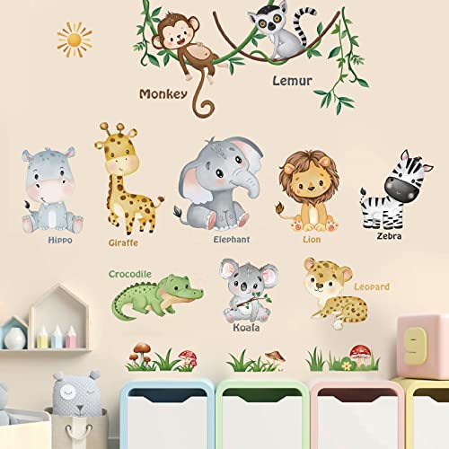 decalmile Forest Baby Animals Wall Decals Elephant Lion Giraffe Wall Stickers Baby Nursery Kids Room Daycare Wall Decor