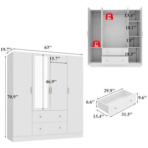 4-Door Armoire Wardrobe Closet with Mirror, 63