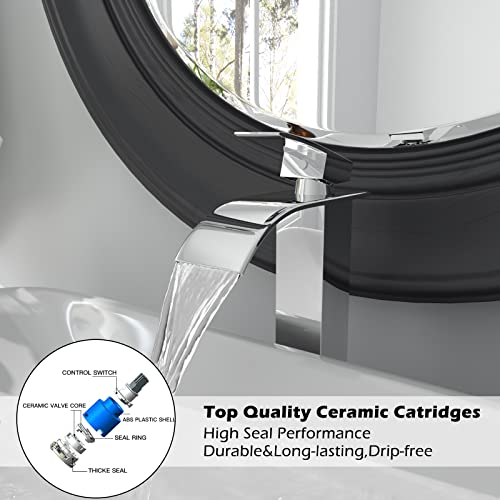 BWE Vessel Sink Faucet Modern Waterfall Chrome Single Hole Bathroom Faucet Single Handle with Pop up Drain Without Overflow Assembly Vanity Basin Bath Sink Faucets Mixer Tap