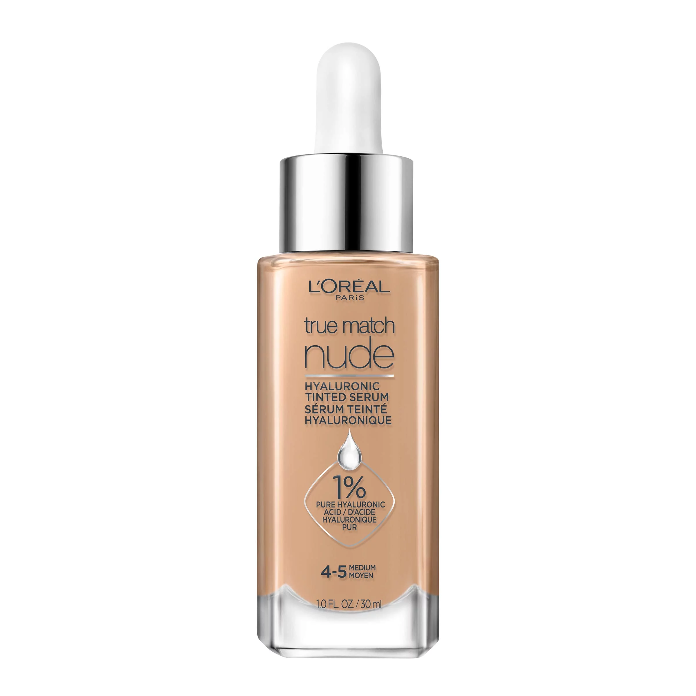 Luminous Skin Perfector: L’Oréal Paris True Match Nude Hyaluronic Tinted Serum Foundation - Medium 4-5, 1 Fl. Oz.