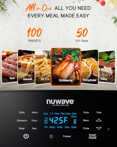 Nuwave Brio 15.5Qt Air Fryer Rotisserie Oven, X-Large Family Size, Powerful 1800W, 4 Rack Positions, 50°-425°F Temp Controls, 100 Presets & 50 Memory, Integrated Smart Thermometer, Linear T Technology