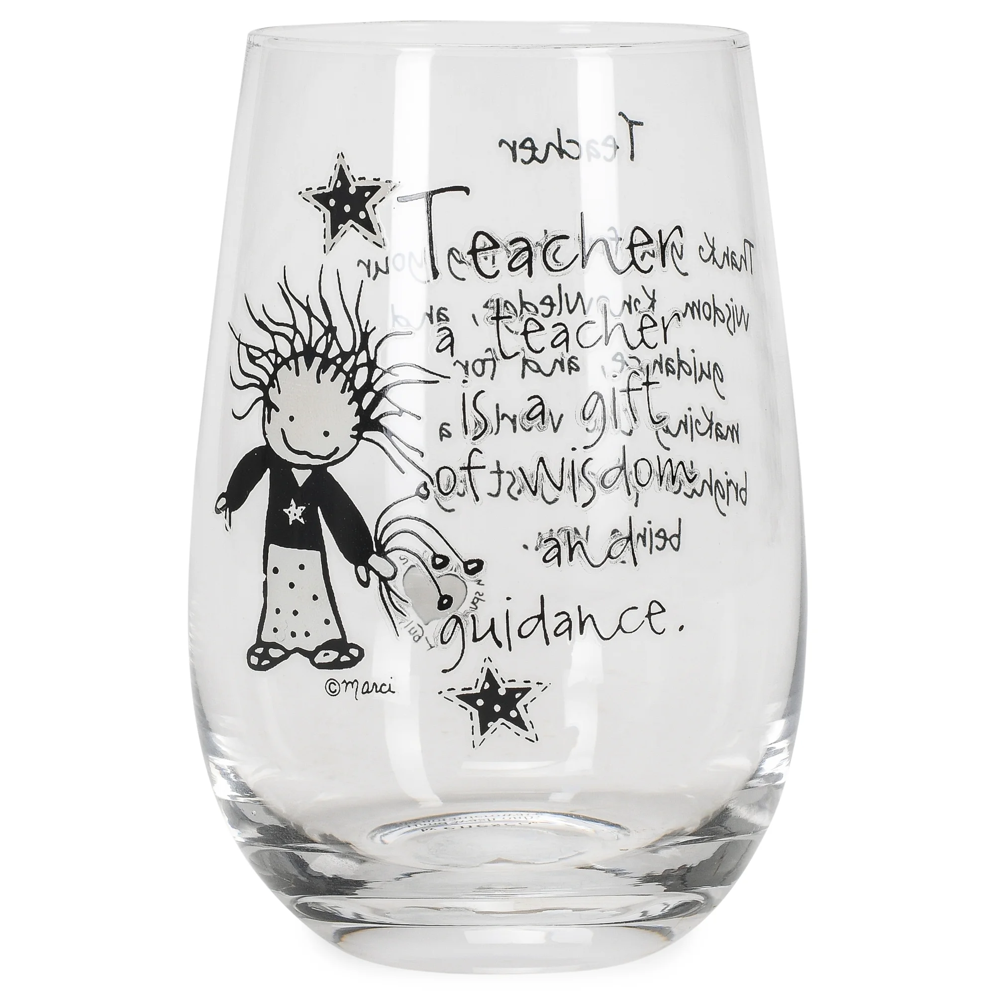 Caring Wisdom Guidance Teacher Black White 16 ounce Glass Stemless Wine Glass