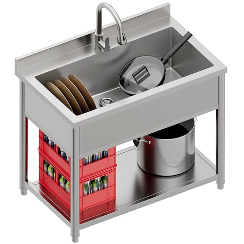 Stainless Steel Utility Sink, Large Freestanding Laundry Sink with Pull-out Faucet for Kitchen, Bathroom, Laundry Room, Garage, Outdoor/Indoor Use, Pet Cleaning, D21.65 x W35.43 x H36.61 inch