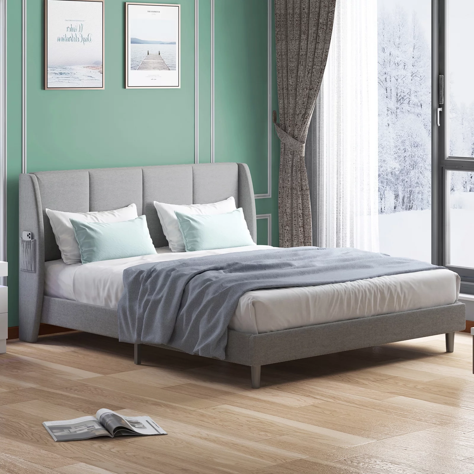 Muzz Platform Bed Frame, King Size Modern Bed Frames with 2 Large Side Pockets, Bed Frame No Box Spring Needed/Easy Assembly/No Mattress (King, Dark Gray)