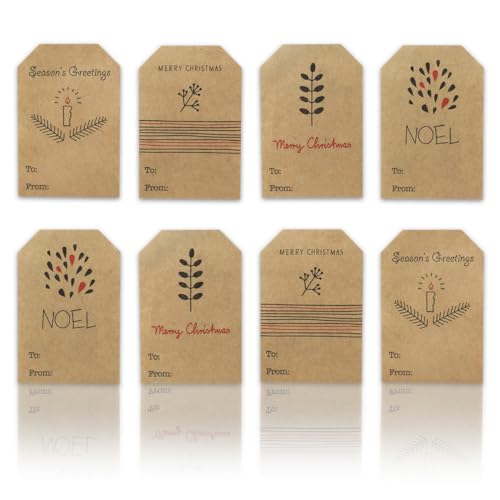 Boho Simple Christmas Gift Tag Adhesive Stickers – 2 x 3 Inch Labels, Roll of 100 with Minimalist Designs – Merry Christmas, Noel, and Candle, Made in The USA