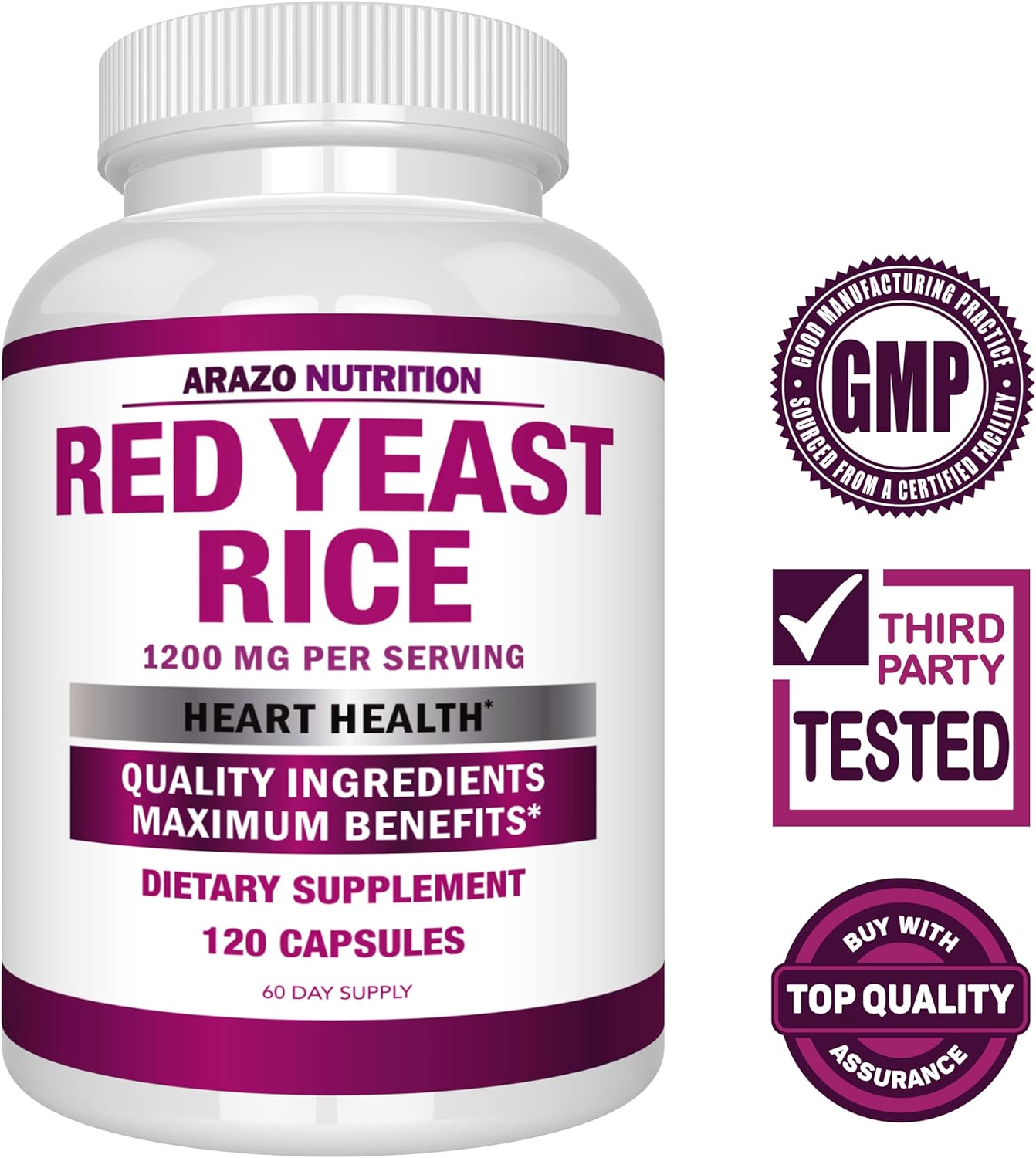 Arazo Nutrition Red Yeast Rice Extract 1200 MG – Citrinin Free Supplement – Vegetarian 120 Capsules