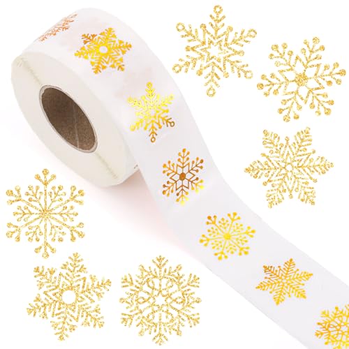 1000Pcs Clear Christmas Stickers Roll Gold Foil Snowflake Stickers Xmas Winter Holiday Round Adhesive Label Stickers Decal for Xmas Envelopes Invitations Cards Gifts Decor, 6 Designs