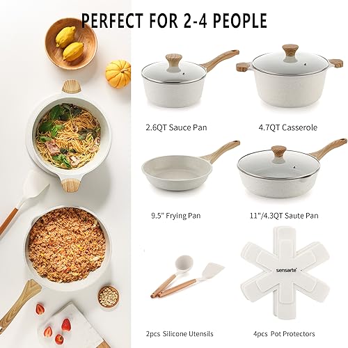 SENSARTE Nonstick Classic Granite Cookware Set 13-Piece, Healthy Pots and Pans Set, Non-toxic Kitchen Cooking Set with Stay-Cool Handles, Silicone Tools and Pot Protectors, PFOS and PFOA Free