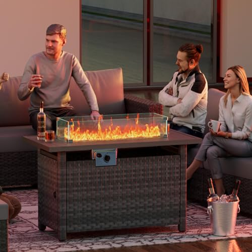 Fire Pit Table with Wind Guard for Outdoor, Auto-Ignition Propane Gas Firepits Rattan Rectangular Table for Outside Patio 60,000 BTU, Gray