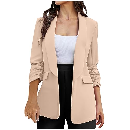Women's Fashion Business Suit Jacket 2024 Fall Casual Solid Ruffle 3/4 Sleeve Cardigan Jacket with Pockets