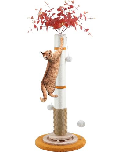 45'' Tall Cat Scratching Post,3.5Inch Diameter Sisal Rope Scratching Post for Indoor Cats Adults Kittens,Cat Scratcher with Interactive Ball Toys Self Groomer Brush for Large Cats (pink-45inch)