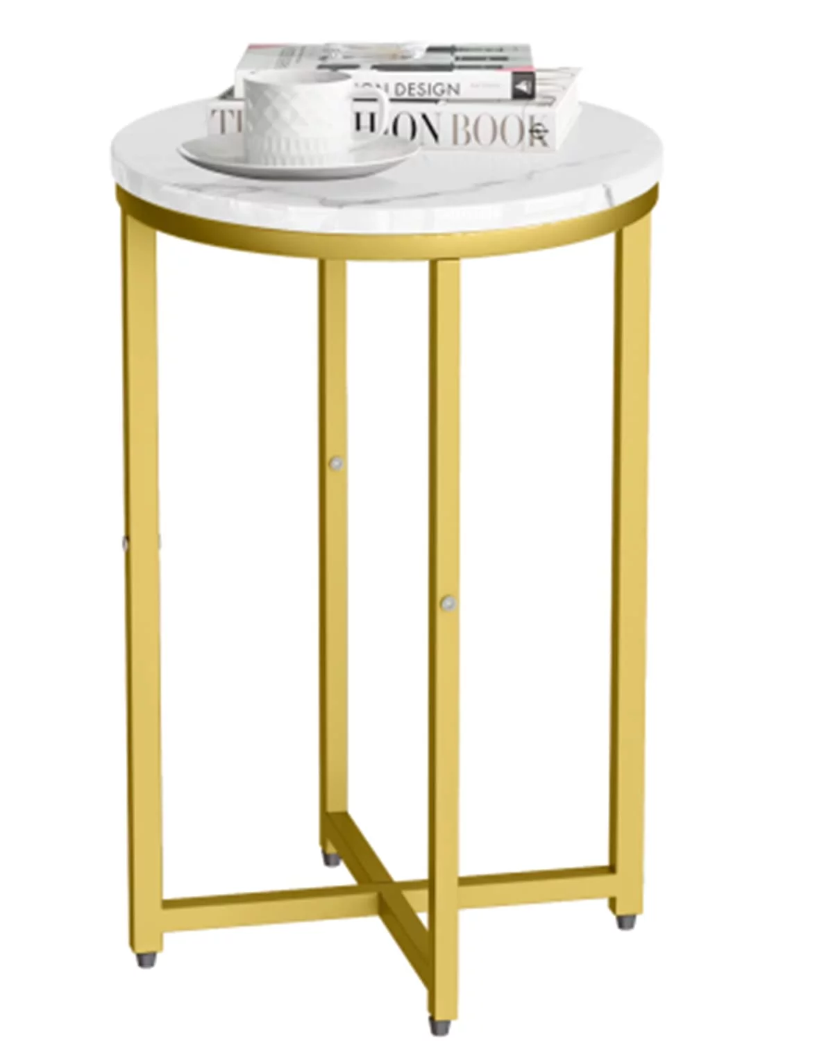 AWQM Round End Table, Faux Marble Side Table with Metal Frame,Small Coffee Table,Modern Accent Table Nightstand Home Decor for Living Room Bedroom Office, White+Gold