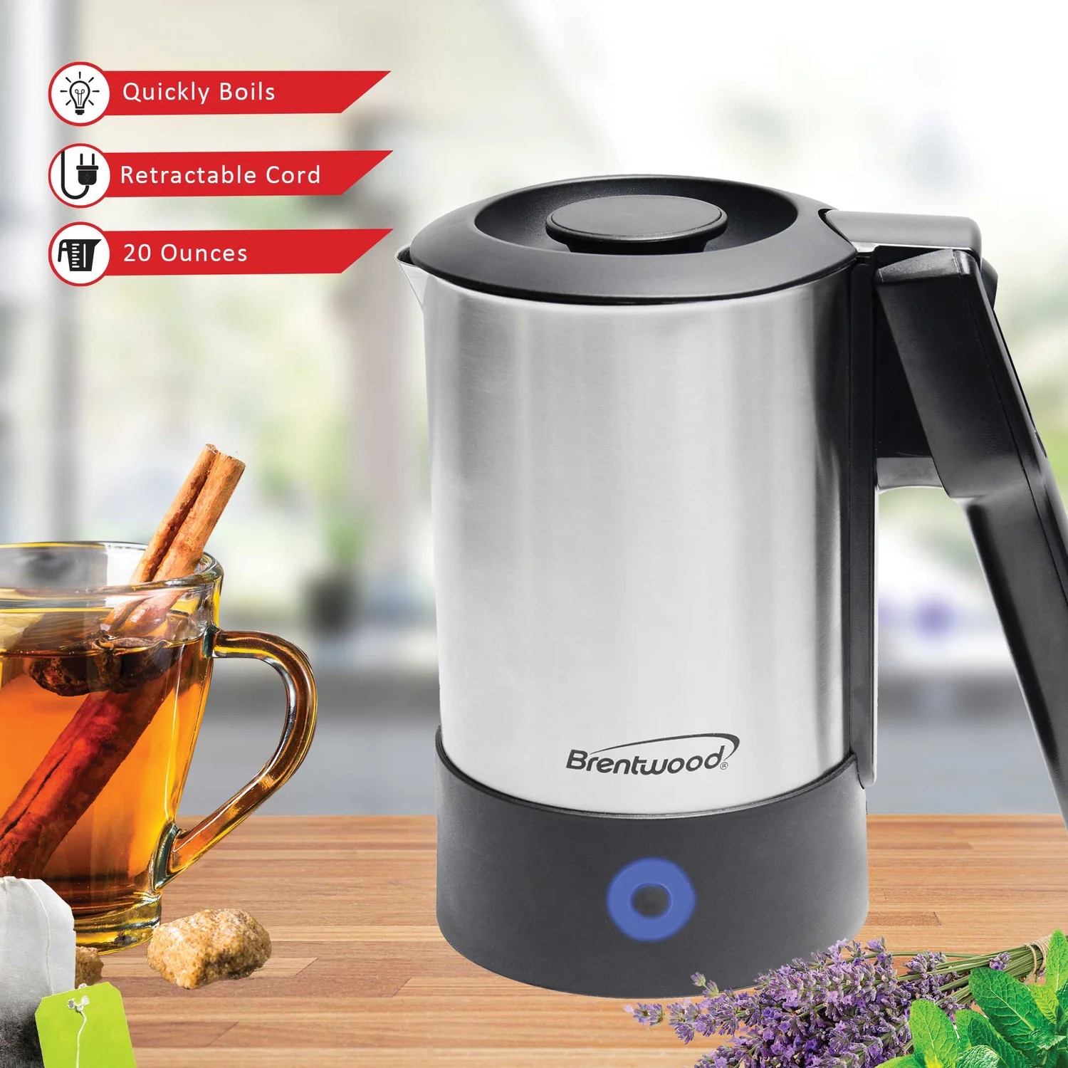 Brentwood KT-1506S 1000-Watt 20-Oz. Dual-Voltage Stainless Steel Electric Travel Kettle, Automatic Shutoff, KT-1506S