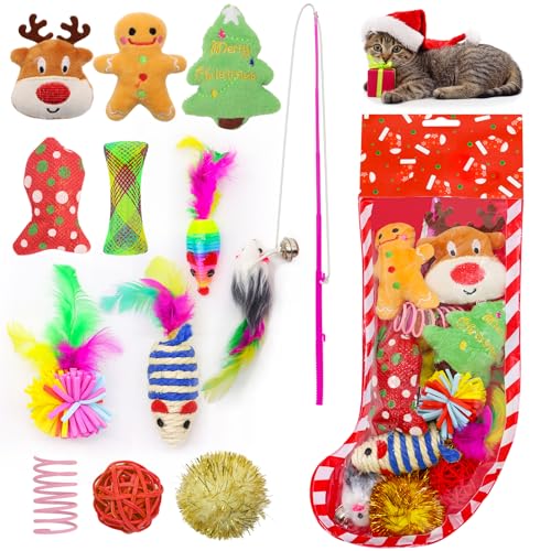 12Pcs Christmas Stocking Cat Toys, Xmas Cat Toys Set with Catnip Plush Toy, Mice Feather Toys, Cat Wand, Pet Supplies for Kitten Toys Interactive Play Indoor Cats Christmas Decorations