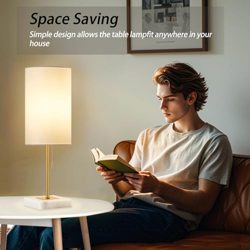 Desk Lamp & Table Lamp Set of 2, Bedside Lamps for Night Stands - Modern Small Table Lamps with Marble Base, Fabric Shade, Mini Pull Chain Bedroom Lamps for Living Room, Office, Reading (Gold)