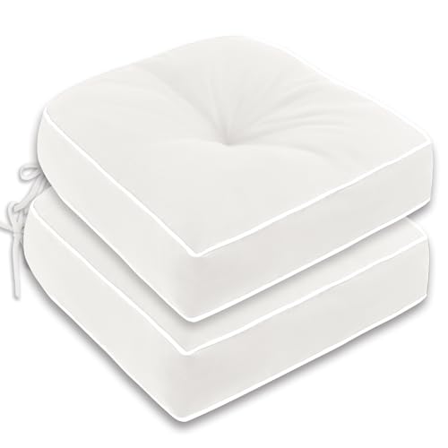 Outdoor Tufted Chair Cushion Set of 2 Waterproof and Fade-Resistant Chair Pads with Ties for Patio Dining Chairs Indoor/Outdoor Use, Beige 19x19 Inch