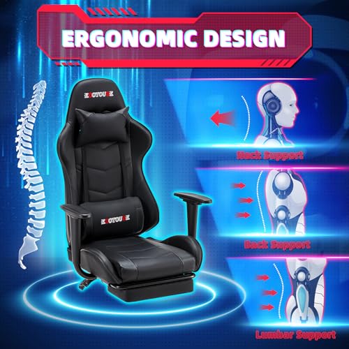 ECOTOUGE PC Massage Gaming Chair with Footrest Ergonomic Office Desk Chair Racing PU Leather Recliner Swivel Rocker with Headrest and Lumbar Pillow, Blue