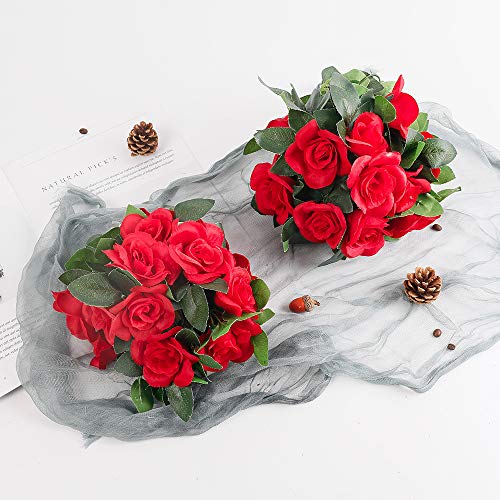 LESING Rose Garlands Artificial Rose Vines,4PCS(28.8FT) Fake Silk Flower Garlands with Greenery Plants Wedding Hanging Flower Vines Garlands for Home Office Arch Garden Decoration (Red)