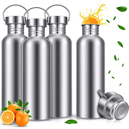 CHENGU 4 Pack Single Wall Stainless Steel Water Bottles Camping Bottles 304 18/8 Metal Water Bottle for Sports, Cyclists, Runners, Hikers(Silver,34 oz)