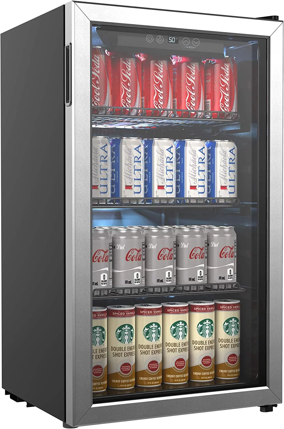Beverage Refrigerator and Cooler - 120 Can Mini Fridge with Glass Door for Soda Beer or Wine - Small Drink Dispenser Machine for Office or Bar with Adjustable Removable Shelves
