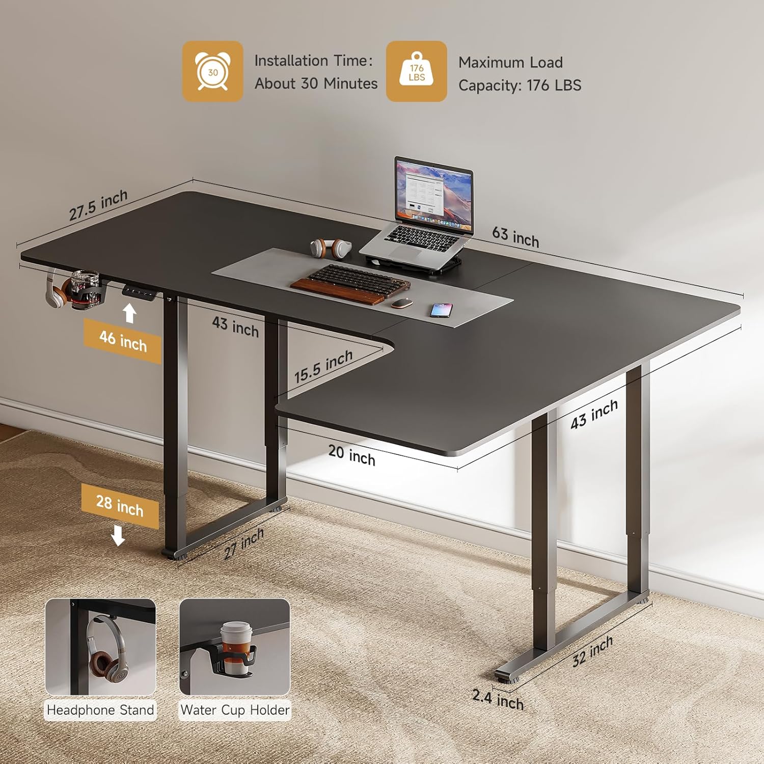Standing Desk, 63x43 Inches L Shaped Desk with 4 Legs, Dual Motor and Memory Controller, Electric Stand Up Desk Adjustable Height from 28-46 Inches for Computer Workstation Black