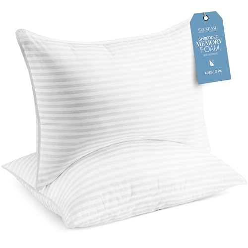 Beckham Hotel Collection Queen/Standard Size Memory Foam (Adjustable Fill) Bed Pillows Set of 2 - Cooling Shredded Foam Pillow for Back, Stomach or Side Sleepers