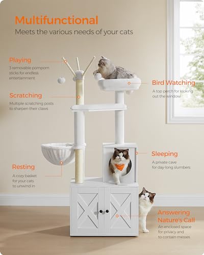 Feandrea Cat Tree with Litter Box Enclosure, 2-in-1 Modern Cat Tower, 55.1-Inch Cat Condo with Scratching Posts, Removable Pompom Sticks, Rustic Brown UPCT113X01