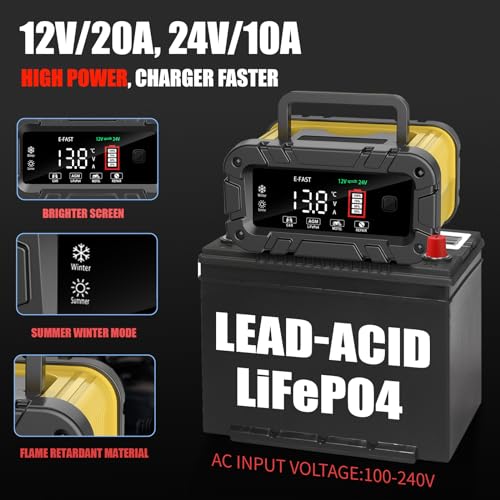E-FAST 20A Battery Charger,12/24V Lifepo4 Lead Acid Automatic Smart Car Battery Charger, Portable Automotive Trickle Charger, Automobile Battery Maintainer for Car Truck Motorcycle Lawn Mower Boat