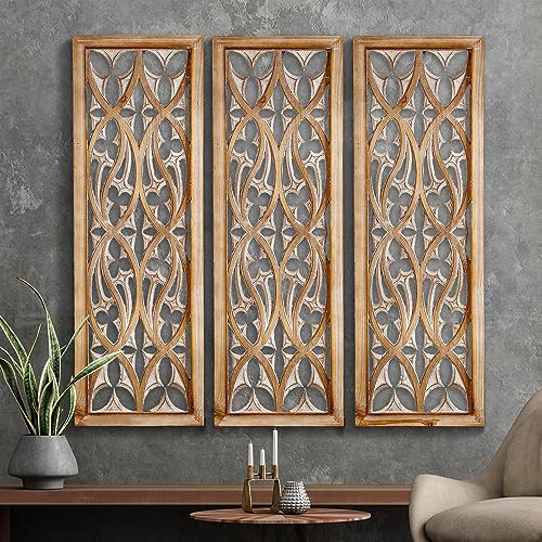 XIAOAIKA Carved Wood Wall Art Decor - Floral Design Panel, Distressed Carved Antique Wood Decor - Decorative Wall Sculpture for Living Room, Bedroom, and Entrance Hall 33.1 x 14.6 inches (2 Panels)