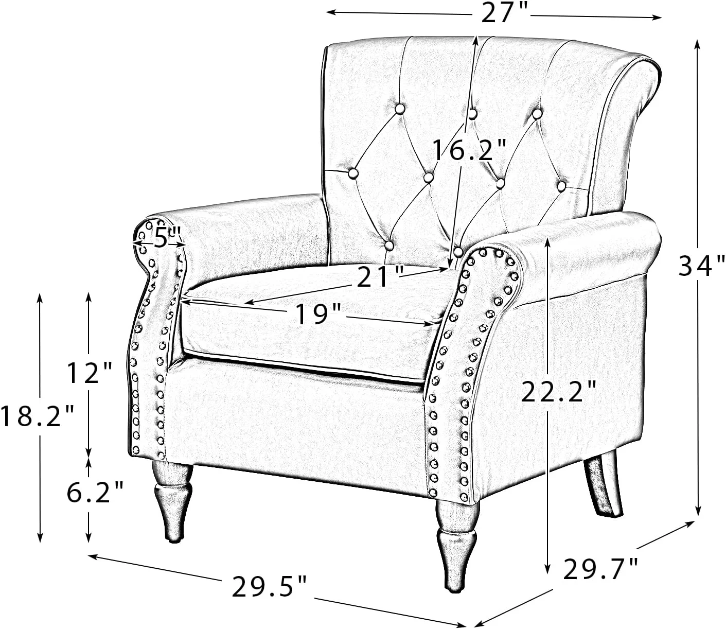Faux Leather Accent Chair -Century Living Room Armchair With Solid Wood Legs Padded PU Leather Arm Chair Button Tufted Back Sofa Chair For Living Room Bedroom Home Reception, Black